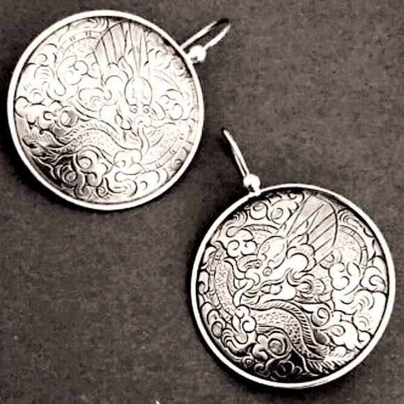 Silpada Jewelry - Silpada Vintage RARE Sterling Silver Etched Asian Dragon Circle Disc Ear…